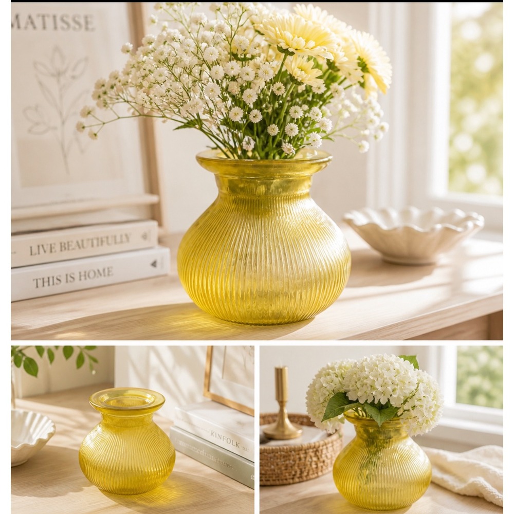 Vintage Yellow Flash Ribbed Squat Glass Vase Mid Century